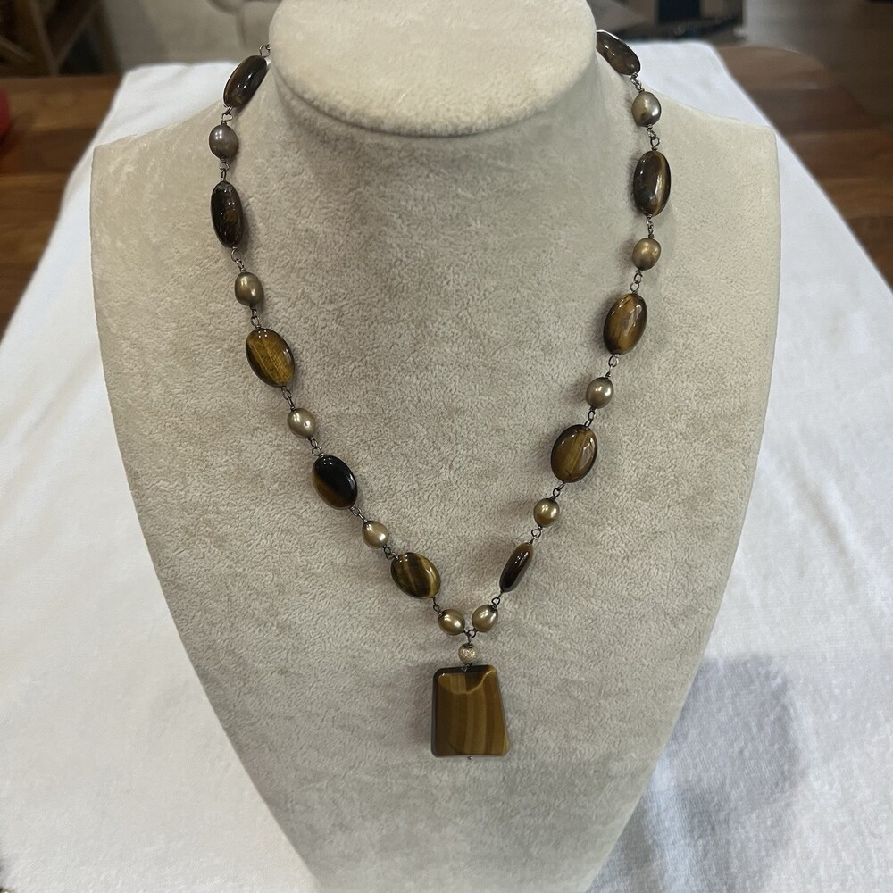 Tiger Eye Pendant‎ Necklace Freshwater Pearl Sterling Silver 925 Statement - Picture 2 of 6